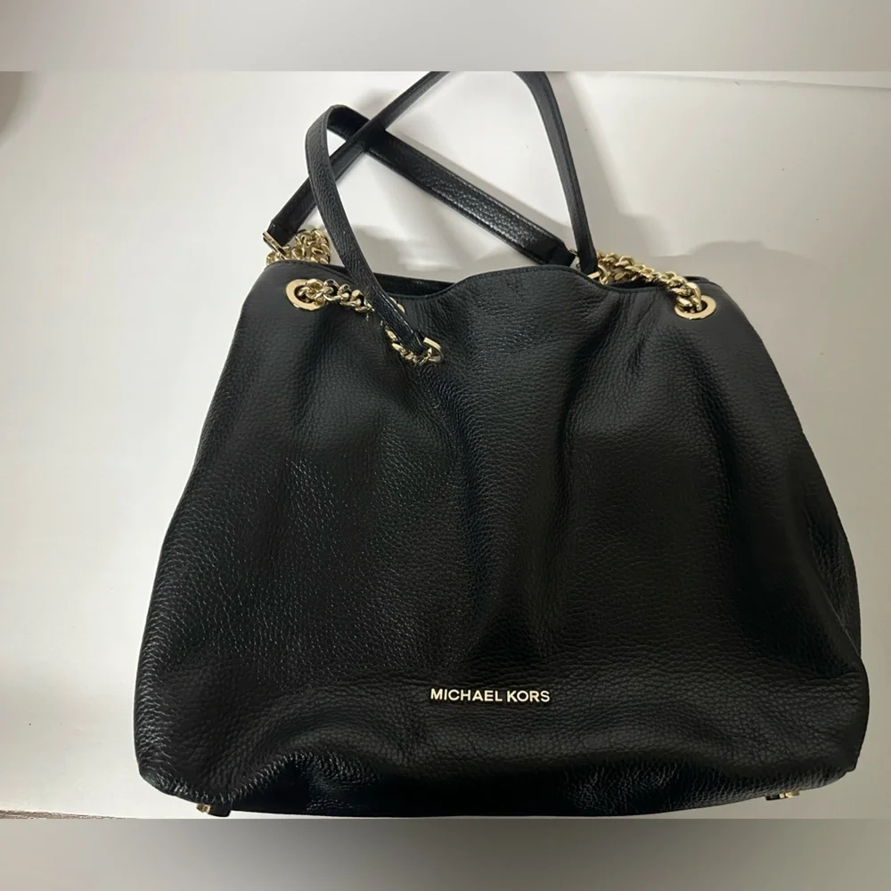 Michael Kors Black Slouchy Pebbled Leather Shoulder Bag with Gold Chain
